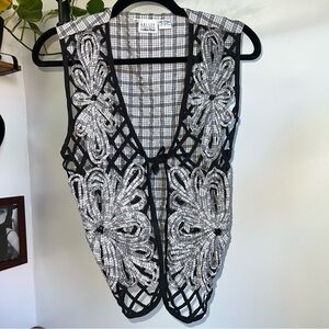 Halsey Collection 100% Cotton Cutout Black White Plaid Floral Net Tie Vest S